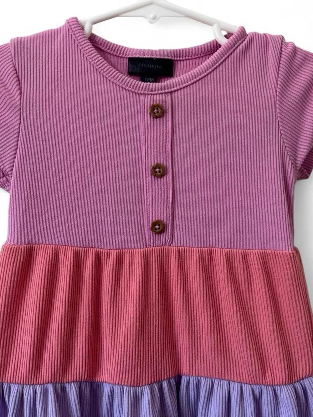 18M Girl Short Sleeve Dress Color Block Ribbed Knit Ruffle Hem Picapino EUC